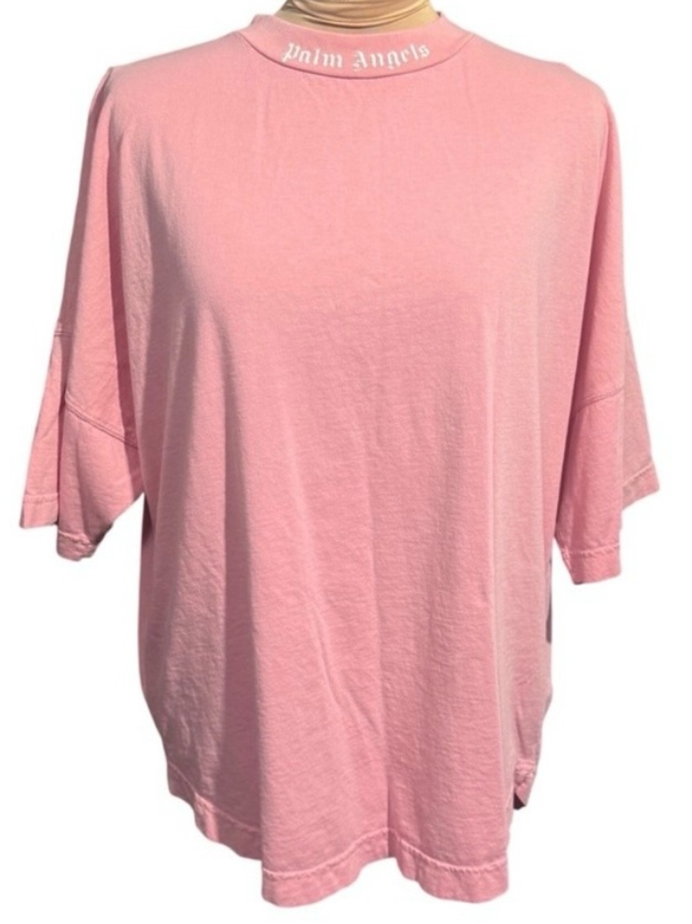 Palm Angels Oversized Mock Neck Logo T-Shirt Pink White Back Graphic Mens Medium